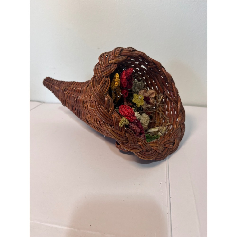 Vintage Wicker Cornucopia Basket Fall Thanksgiving Decor with Crochet Flowers